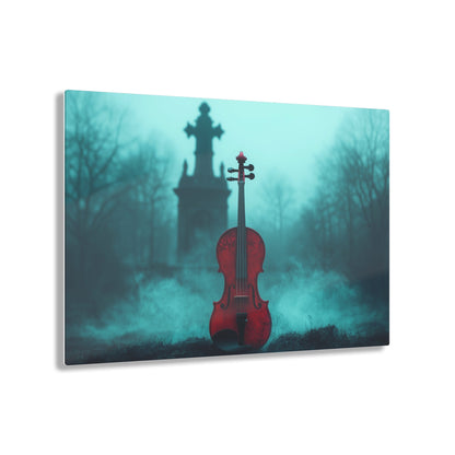 Horizontal-oriented wall art: "The Mourning Violin." A vivid red violin stands alone in a misty graveyard, framed by a dark, Gothic cross in the background. Diffused teal lighting and soft shadows create a haunting and melancholic atmosphere.