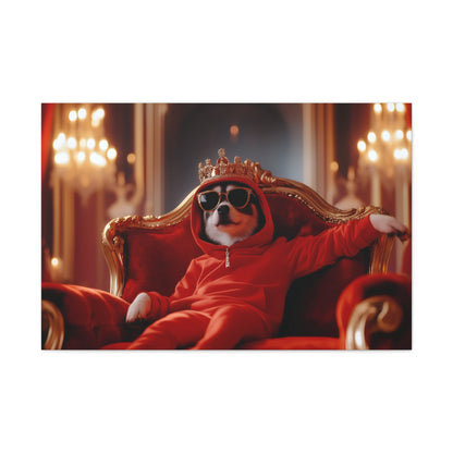 Horizontal-oriented wall art: "Crowned Companion III" A stylish dog lounges on a golden throne, wearing a crown, sunglasses, and a red hoodie in a luxurious royal setting. This playful artwork combines elegance and humor, portraying the pet as a modern ruler with personality.