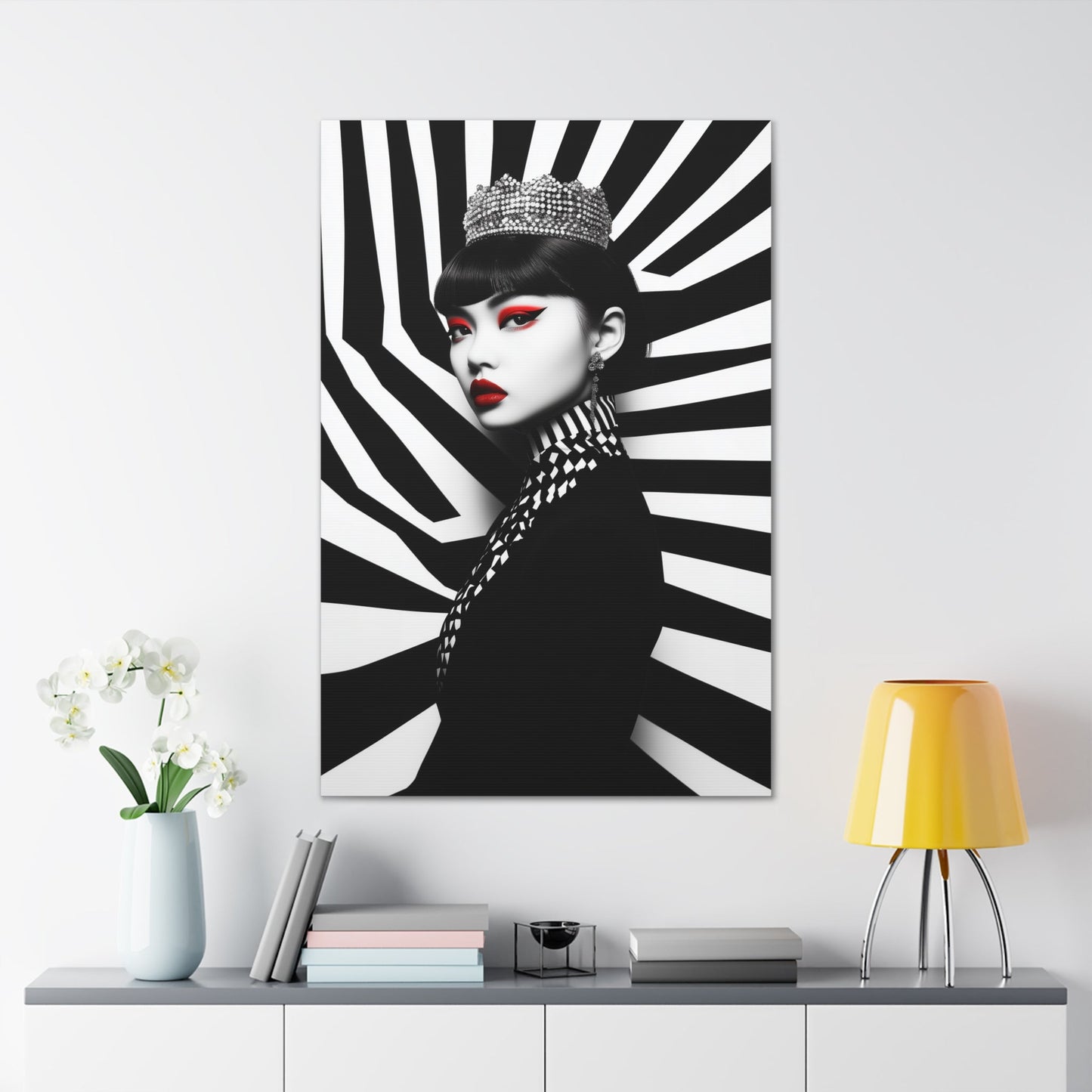 Vertical-oriented wall art: "Empress of Symmetry II" A striking portrait of an elegant Asian queen wearing a jeweled crown, set against a dynamic black-and-white geometric background with vivid red accents. This bold artwork combines regal sophistication with modern design, showcasing a captivating fusion of power and beauty.