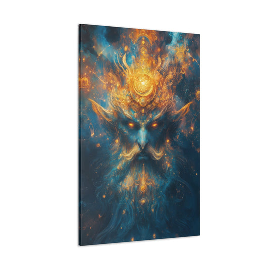 Vertical-oriented wall art "Celestial Djinn II" A cosmic djinn with glowing eyes and intricate golden patterns emerges from a swirl of azure and gold energy. This mystical artwork captures the celestial power and ancient wisdom of a divine being.