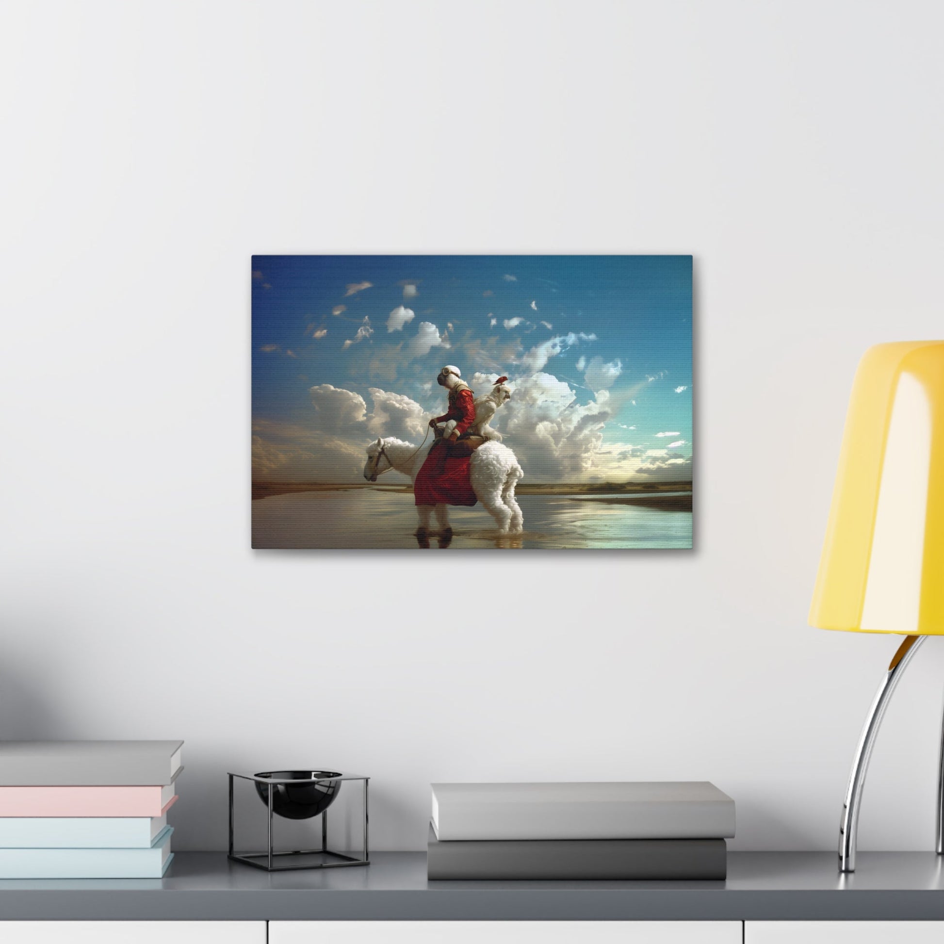 Horizontal-oriented wall art: A surreal photorealistic artwork featuring a monkey dressed in a red top and brown boots riding a white alpaca through shallow water in the desert. The monkey is accompanied by a red bird and a white parrot, all under a cloudy blue sky.