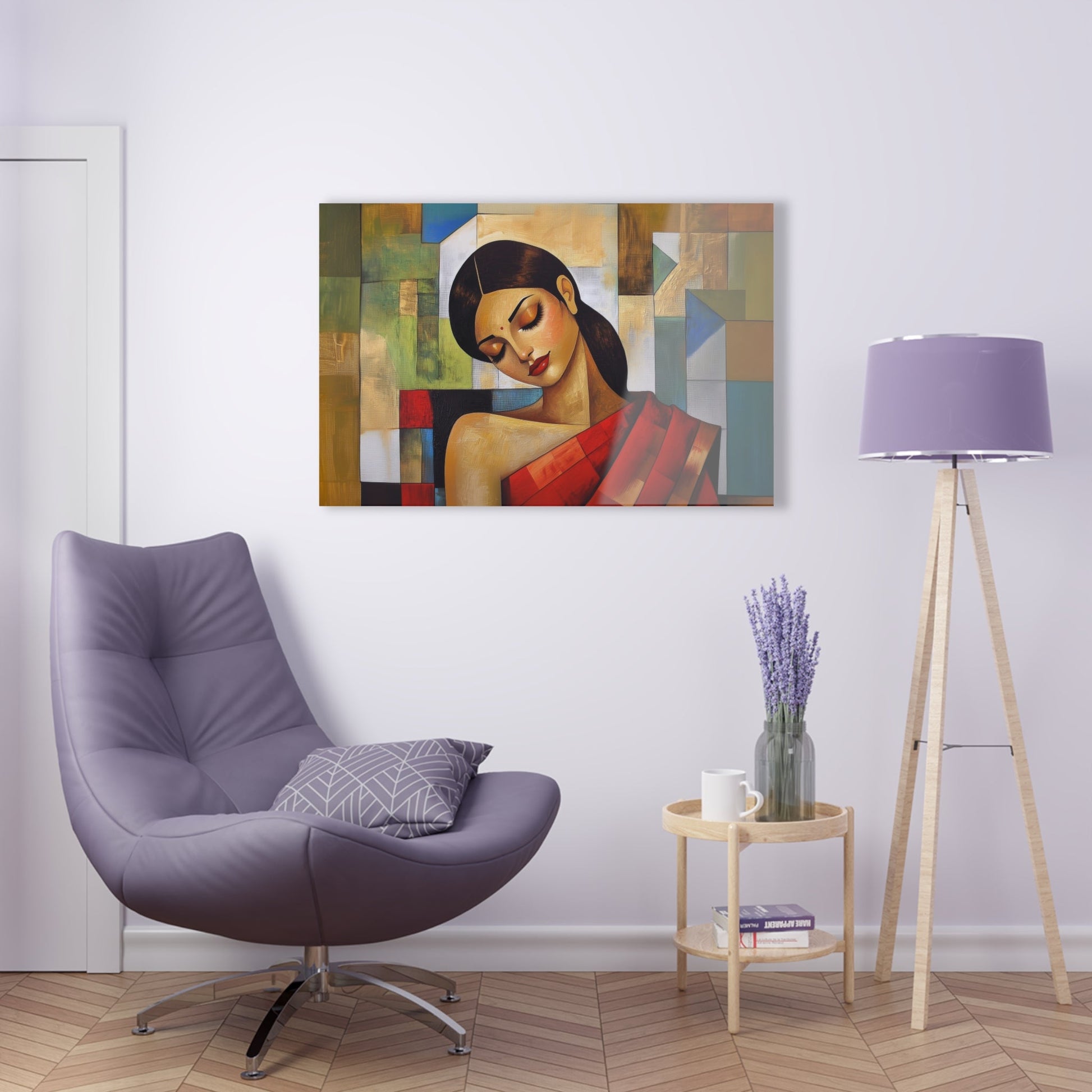 Horizontal-oriented wall art: "Fractured Grace." An Indian woman in traditional attire is depicted in a Cubist style, her contemplative expression framed by geometric shapes and bold colors of red, green, and gold. The textured background and soft dramatic lighting create an elegant and serene composition.