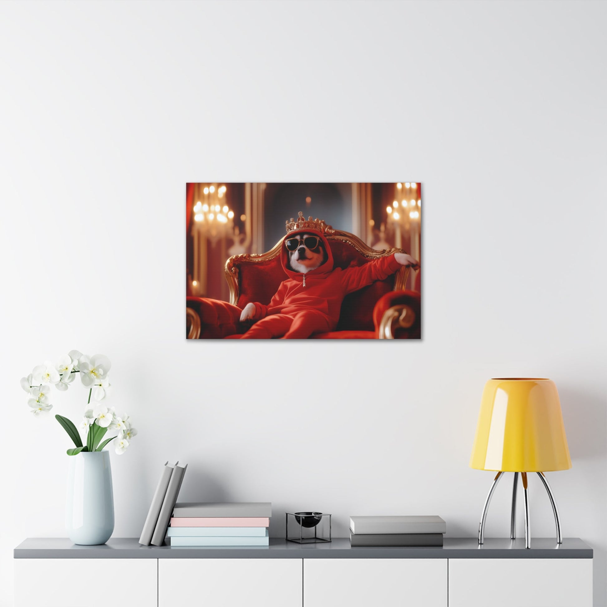 Horizontal-oriented wall art: "Crowned Companion III" A stylish dog lounges on a golden throne, wearing a crown, sunglasses, and a red hoodie in a luxurious royal setting. This playful artwork combines elegance and humor, portraying the pet as a modern ruler with personality.