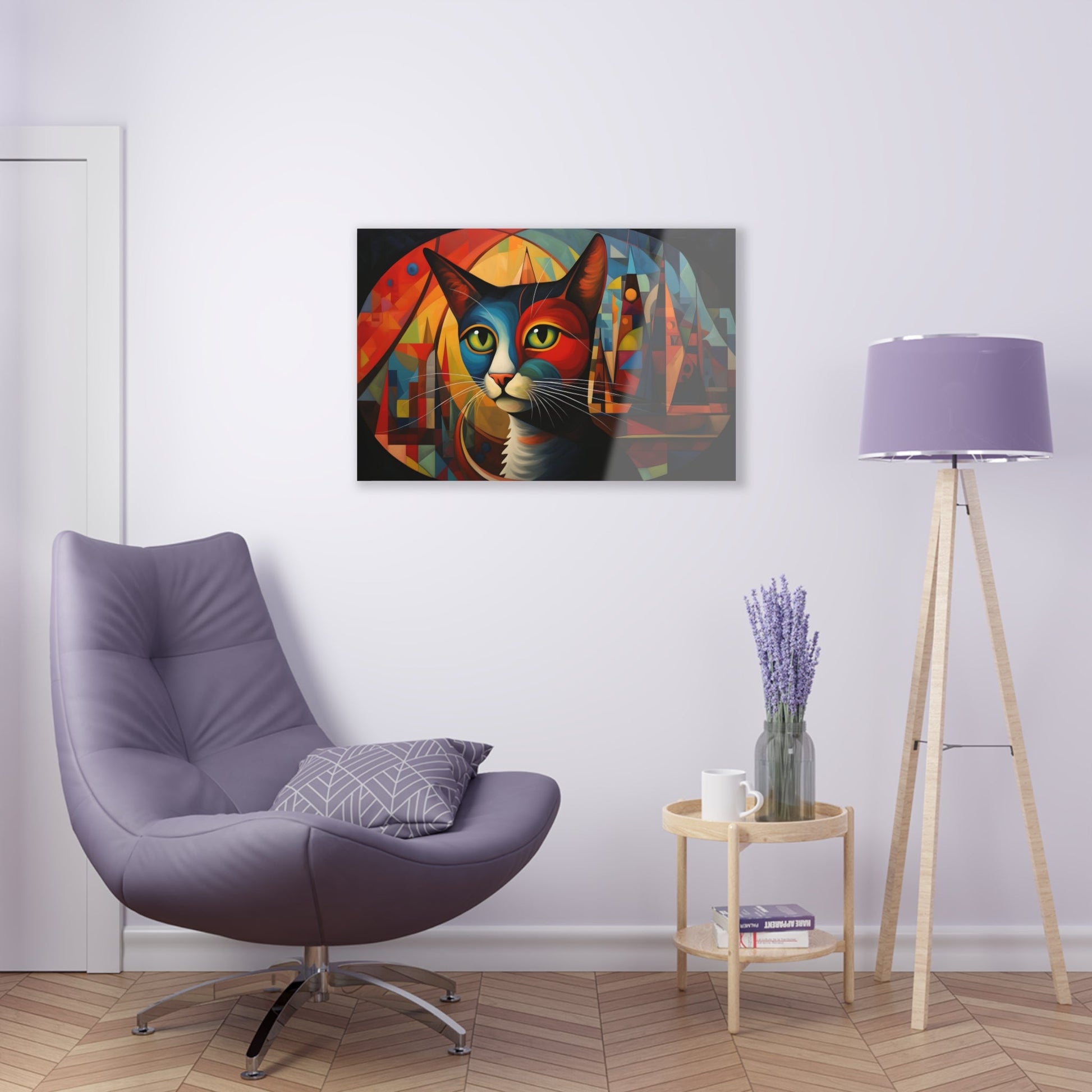 Horizontal-oriented wall art: A vibrant, abstract portrayal of a cat featuring dynamic angles and bold geometric shapes, rendered in rich, saturated colors. The composition captures the essence of the feline’s curiosity and grace, offering a modernist perspective on the animal world.