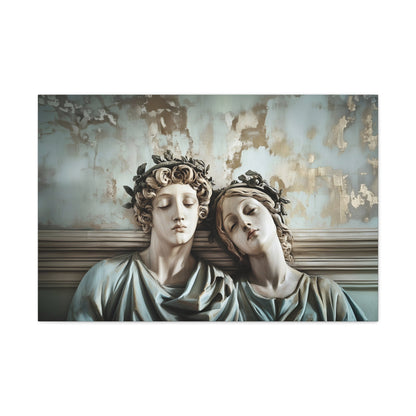 Horizontal-oriented wall art: "Tranquil Companions" Two classical statues, rest their heads against each other with eyes closed, evoking a serene sense of companionship. The weathered background with soft pastel tones and hints of gold adds to the tranquil, nostalgic ambiance of the artwork.