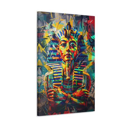 Vertical-oriented wall art: A regal portrait of King Tutankhamun, depicted with a golden headdress and adorned with ornate jewelry, exuding an aura of majesty and power.