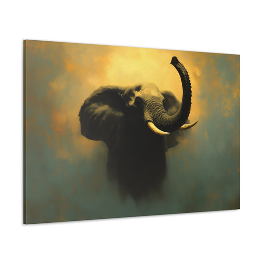 Horizontal-oriented wall art: "Elephant's Shadow III" features a majestic elephant emerging from shadow with its trunk raised, illuminated by a soft golden light against a dreamlike, abstract background. The contrast between the warm, glowing light on the elephant’s tusks and the deep shadows creates a sense of mystery and power.