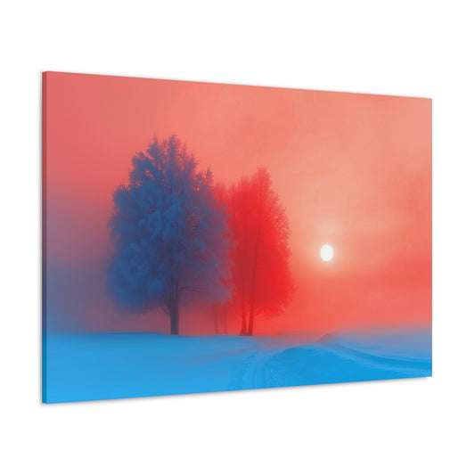 Horizontal-oriented wall art: Landscape artwork titled Frosted Glow from the Ethereal Horizons collection, depicting frosted trees illuminated by a soft coral and pink winter sunrise. The scene features serene snow-covered fields and a harmonious blend of warm and cool tones, evoking tranquility and ethereal beauty.