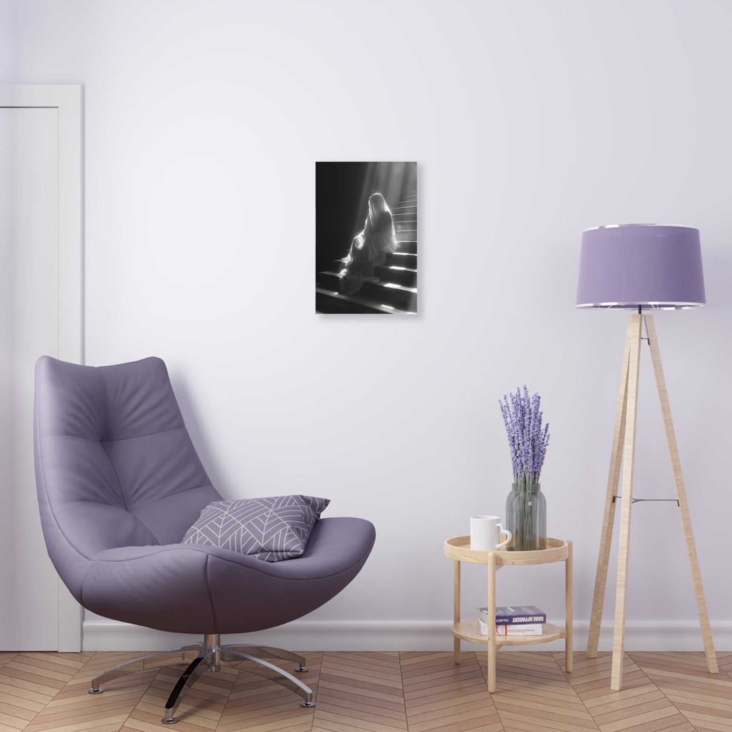 Vertical-oriented wall art: An eerie depiction of a ghostly apparition, its translucent form sitting on stairs, surrounded by a soft, ethereal glow.