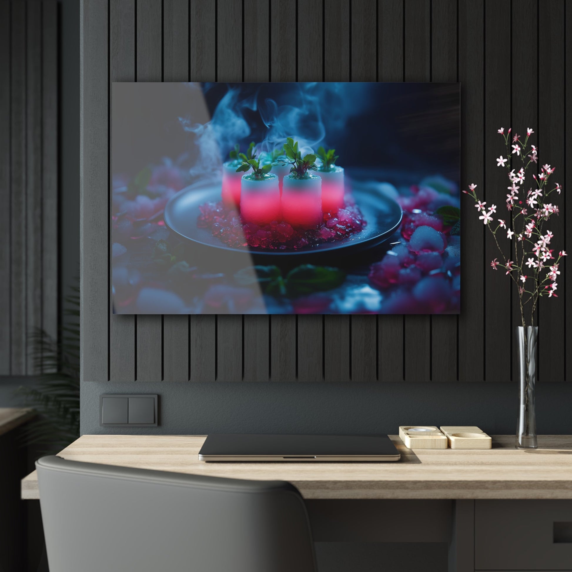 Horizontal-oriented wall art: "Xeno Cuisine." A glowing arrangement of alien meat and bioluminescent vegetables sits on an obsidian plate, surrounded by vapor and crystalline accents. The vibrant pink and cool blue tones contrast against the dark background, creating an otherworldly and surreal atmosphere.