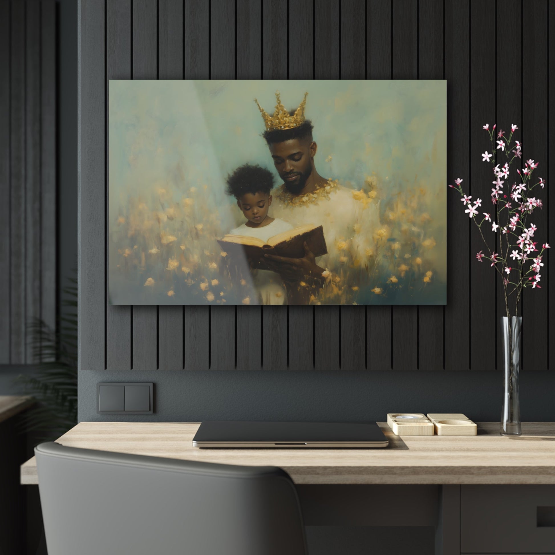 Horizontal-oriented wall art: A kingly father reads to his princely son, both adorned with crowns symbolizing the value of education. The painting features a magical realism style with whimsical elements, emphasizing the importance of knowledge and the bond between generations.