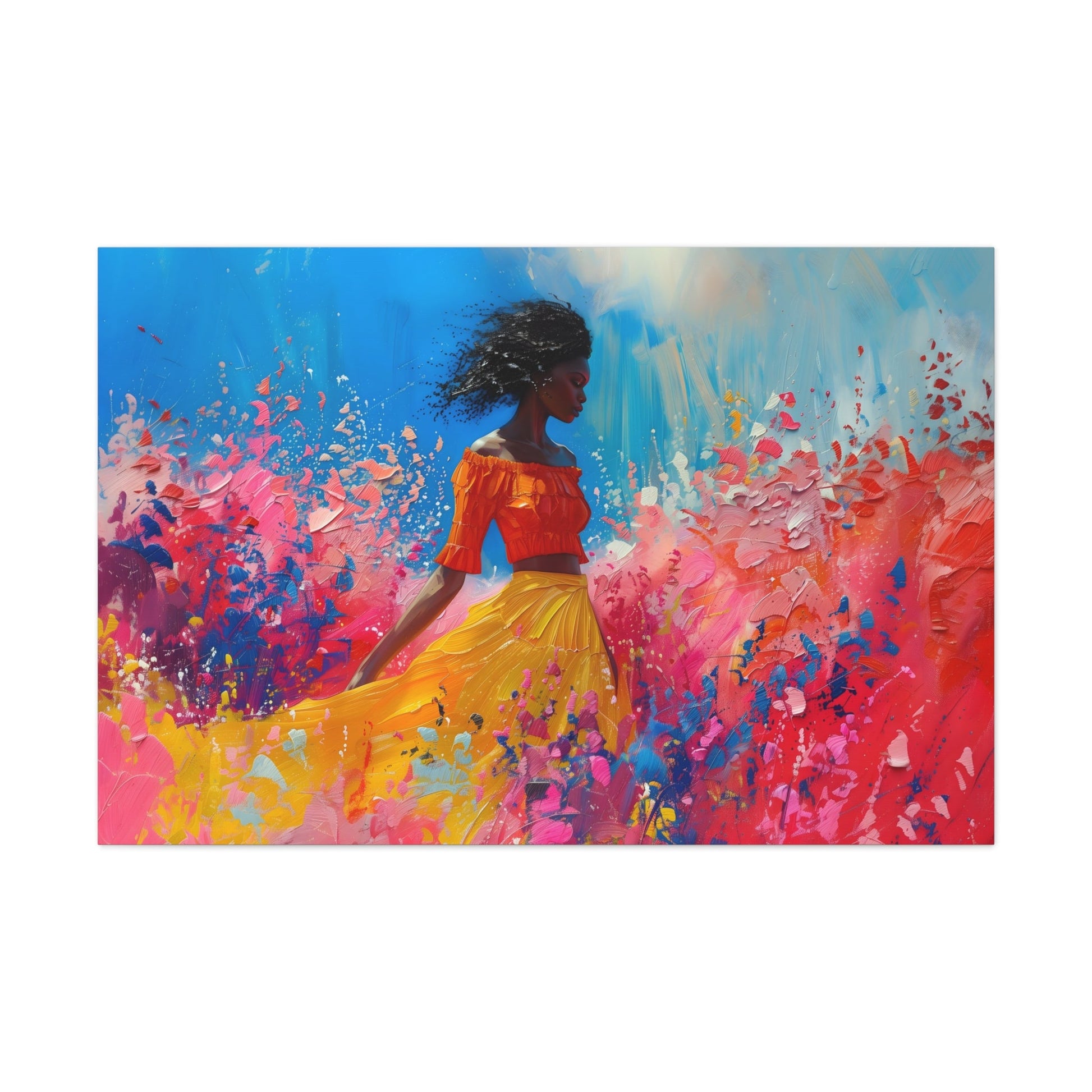 Horizontal-oriented artwork: An abstract palette knife oil painting featuring a woman walking through a colorful landscape of swirling paint splashes and vibrant hues.