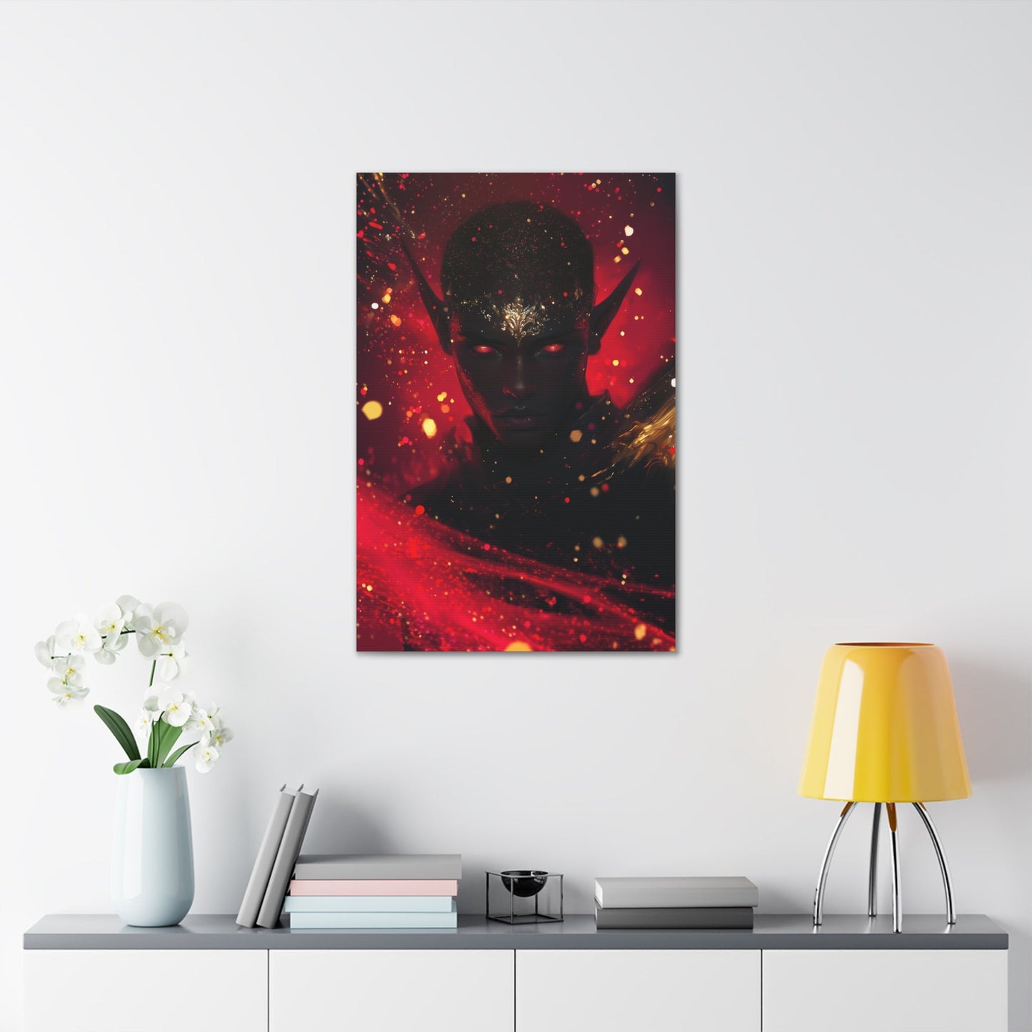 Horizontal-oriented wall art: "Obsidian Elegance" A striking portrait of a black elf with glowing red eyes and intricate gold accents adorning their forehead, set against a fiery background of vibrant red and gold hues. The artwork radiates an aura of power, mystery, and elegance, capturing the essence of ethereal beauty.