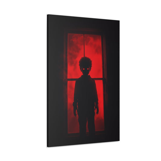 Vertical-oriented wall art: "Shadows in the Mist II." A shadowy child-like figure with glowing red eyes stands against a crimson-illuminated window, shrouded in red mist and black silhouettes, evoking an eerie and supernatural atmosphere.