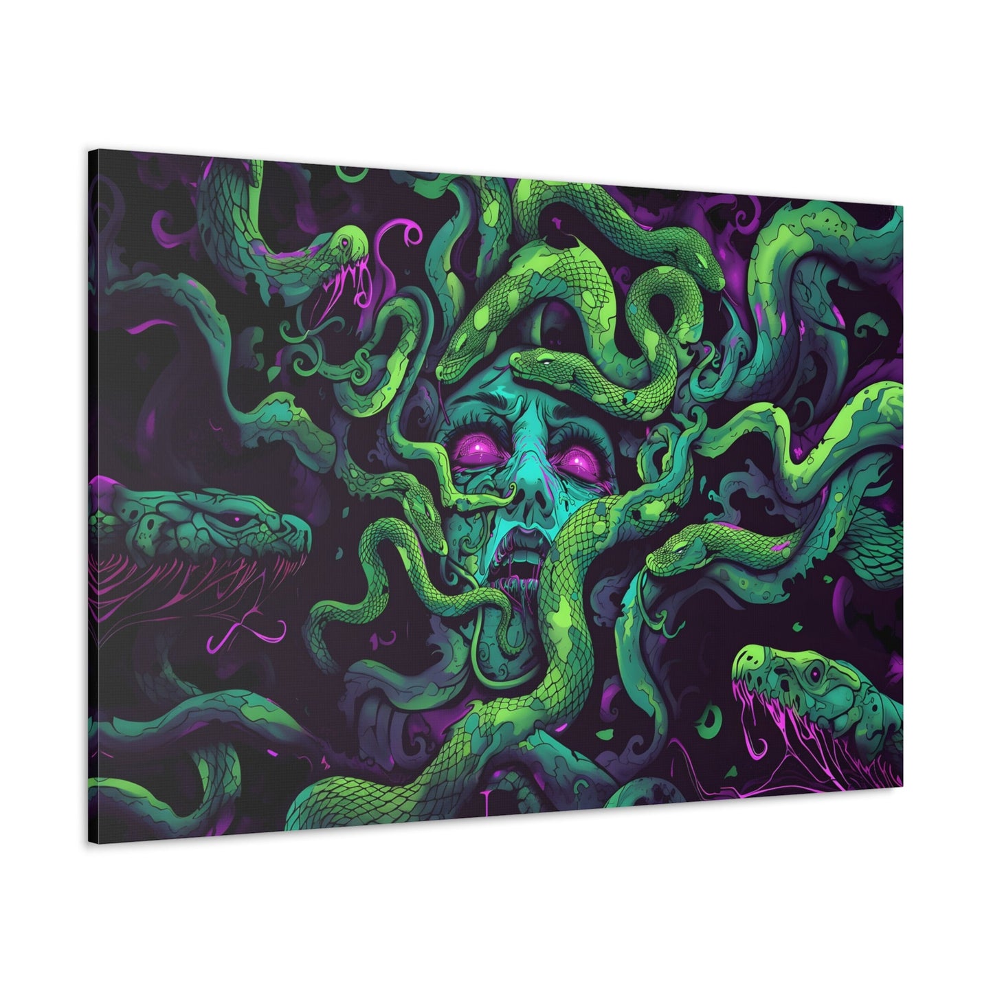 Horizontal-oriented artwork: An eerie digital illustration depicting the mythical figure Medusa, with vivid green and purple hues. Medusa's captivating gaze is surrounded by swirling, eldritch energies, evoking an aura of mystery and allure.