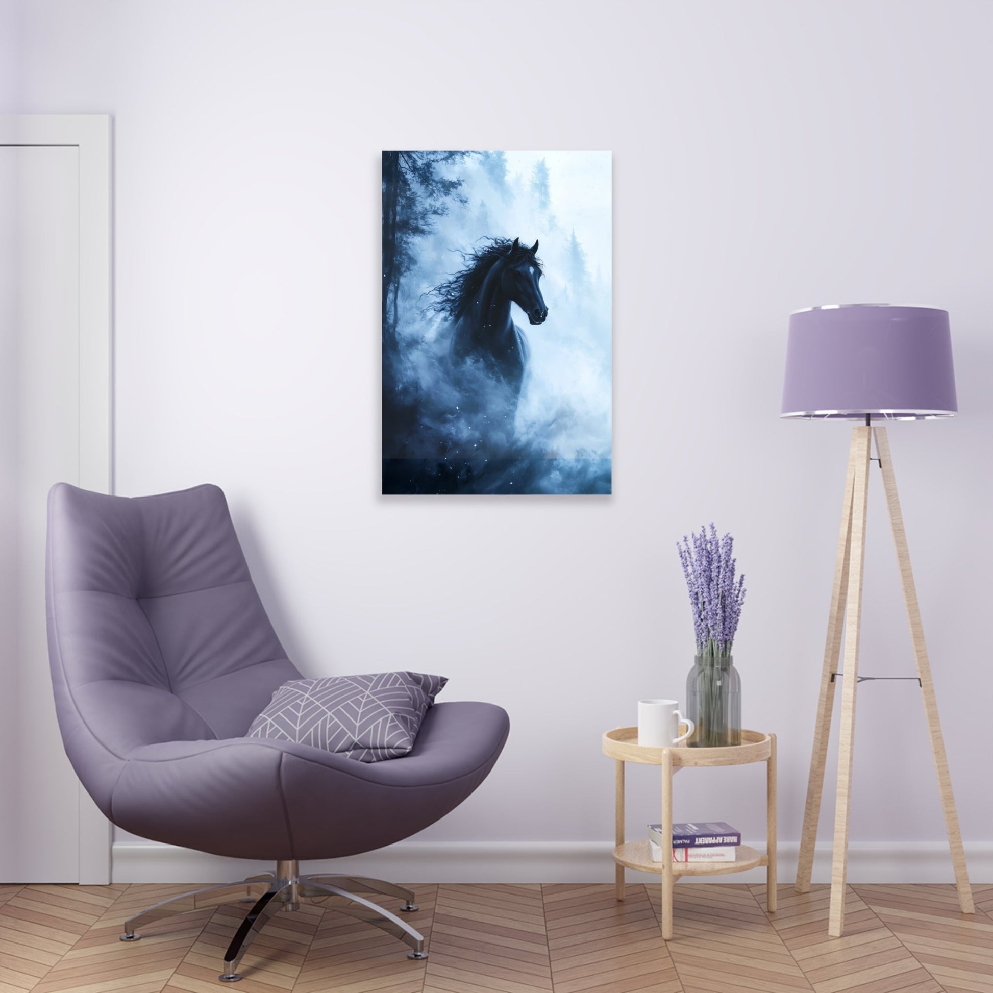 Vertical-oriented wall art: "Shadowed Stallion IV" A powerful black stallion charges through a misty forest, its mane flowing wildly as snow swirls around it. The contrast between the horse's dark figure and the soft, ethereal fog creates a striking, otherworldly scene.