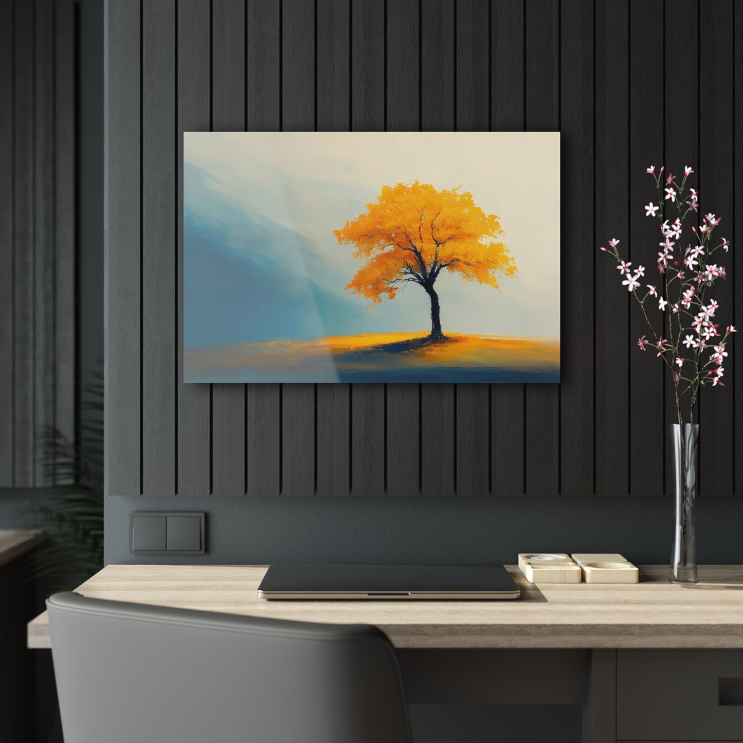 Horizontal-oriented wall art: Artwork titled Autumn’s Glow from the Ethereal Horizons collection, featuring a vibrant golden tree standing alone in a serene, misty landscape. The composition combines warm amber tones with soft teal hues, evoking tranquility and the timeless beauty of autumn.