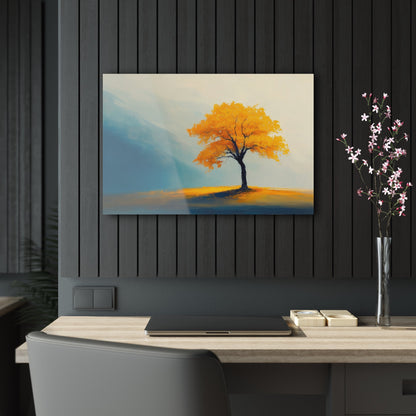 Horizontal-oriented wall art: Artwork titled Autumn’s Glow from the Ethereal Horizons collection, featuring a vibrant golden tree standing alone in a serene, misty landscape. The composition combines warm amber tones with soft teal hues, evoking tranquility and the timeless beauty of autumn.