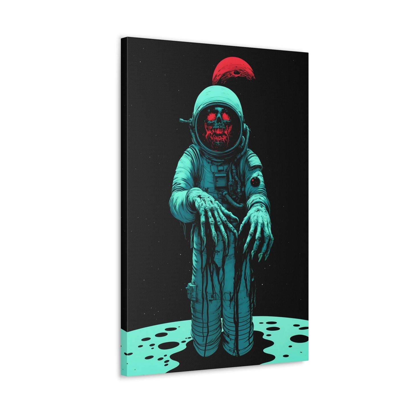 Vertical-oriented wall art: "Cosmic Remains IV" A decayed astronaut, with grotesque hands reaching forward, stands against a dark space background, illuminated by eerie teal and red tones. The haunting figure evokes a sense of cosmic horror and isolation, creating a striking contrast between the decaying form and the endless void.