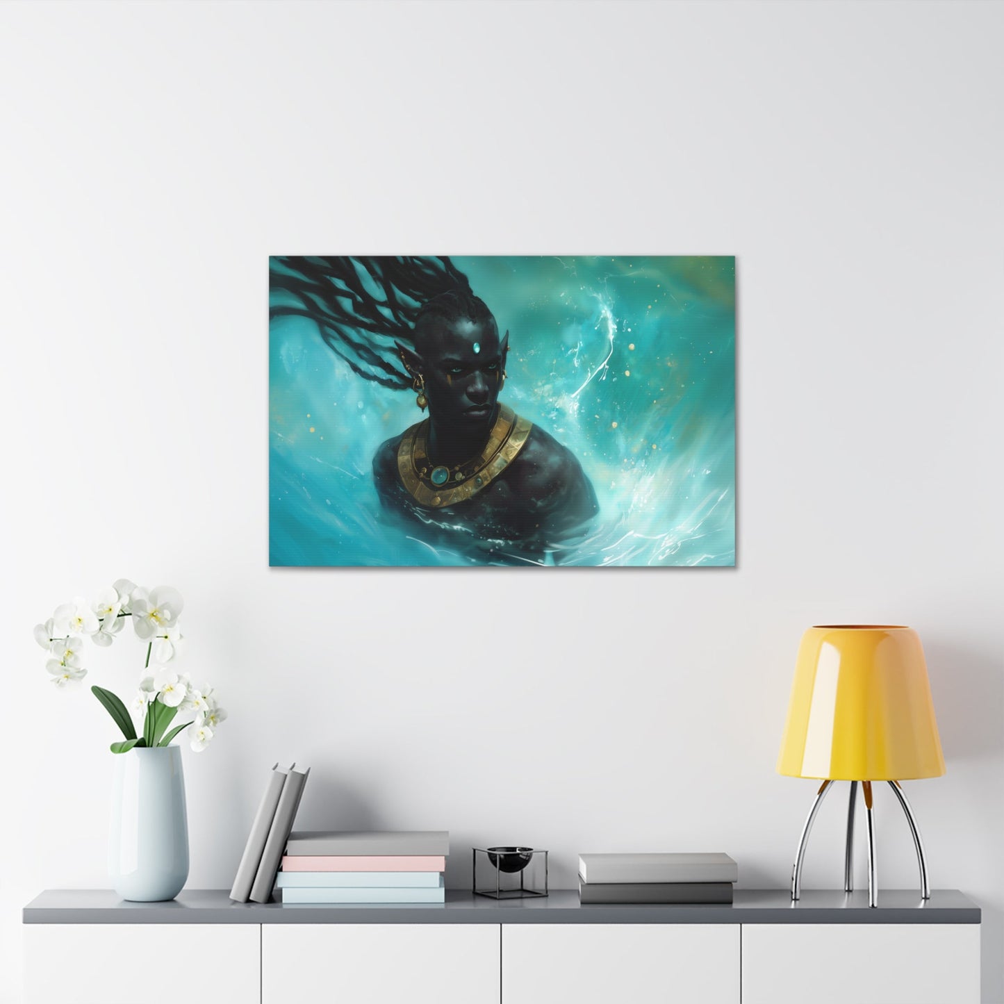 Horizontal-oriented wall art: "Obsidian Elegance II" A striking portrait of a Black elf adorned with intricate golden jewelry, surrounded by swirling, vibrant turquoise water. The composition highlights the figure's regal presence and otherworldly grace in a captivating fantasy setting.