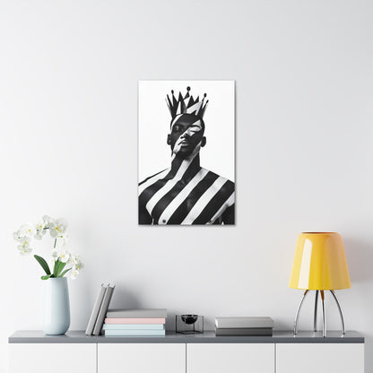 Vertical-oriented wall art: "Crown of Dignity II" A regal portrait of a man wearing a bold, geometric crown, with black and white stripes painted across his face and body. The minimalist composition emphasizes strength, elegance, and cultural pride in a modern, abstract style.