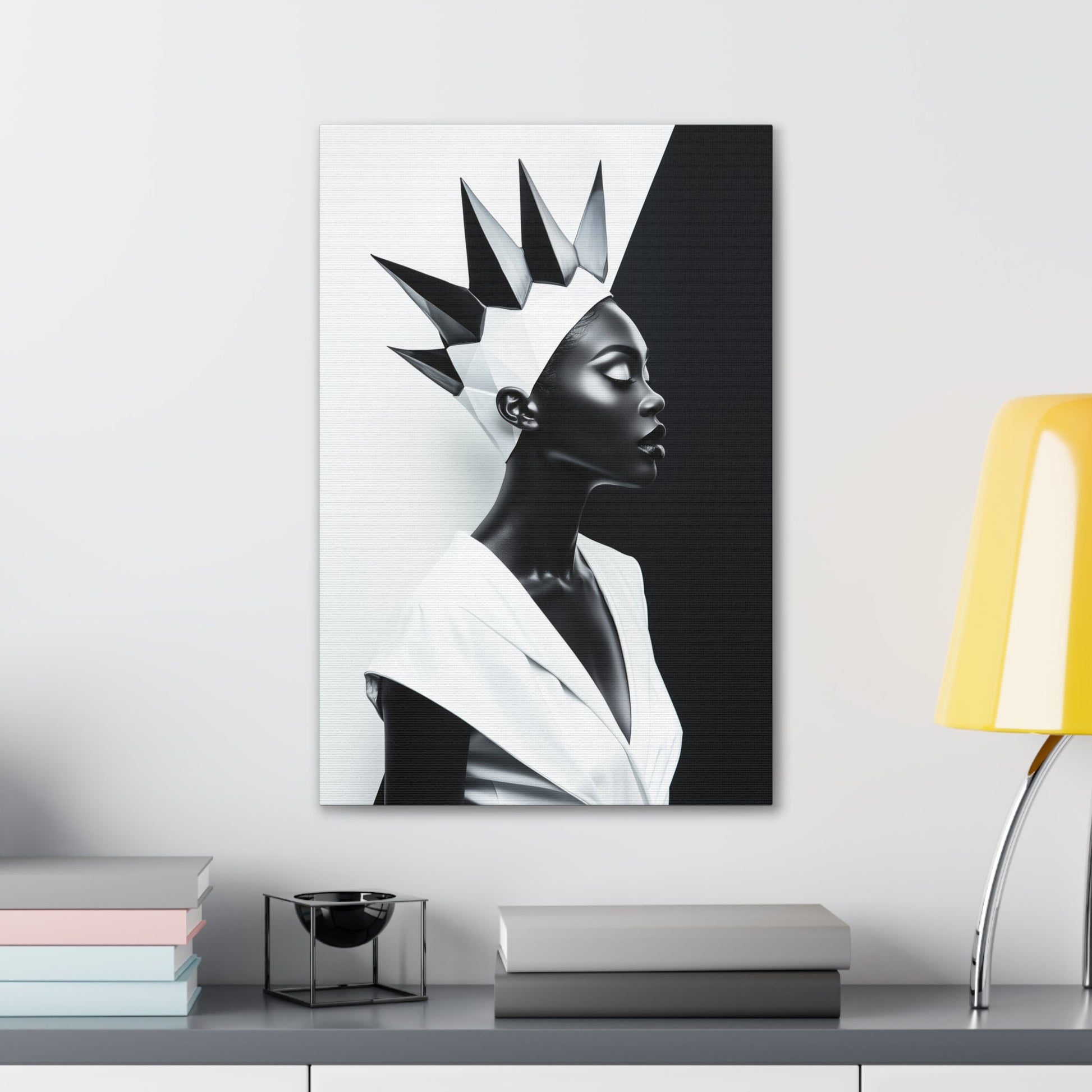 Vertical-oriented wall art: "Majestic Symmetry II" A striking portrait of a modern Black queen with a sharp geometric crown, set against a bold monochromatic background. The artwork highlights her regal elegance and symmetry, blending contemporary design with timeless sophistication.