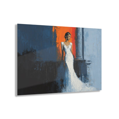 Horizontal-oriented wall art: "Ivory Vision." A poised woman stands gracefully in an ivory gown, illuminated by warm light against a vibrant orange and cool blue background. The palette knife painting technique enhances the textured details, evoking elegance and serenity.