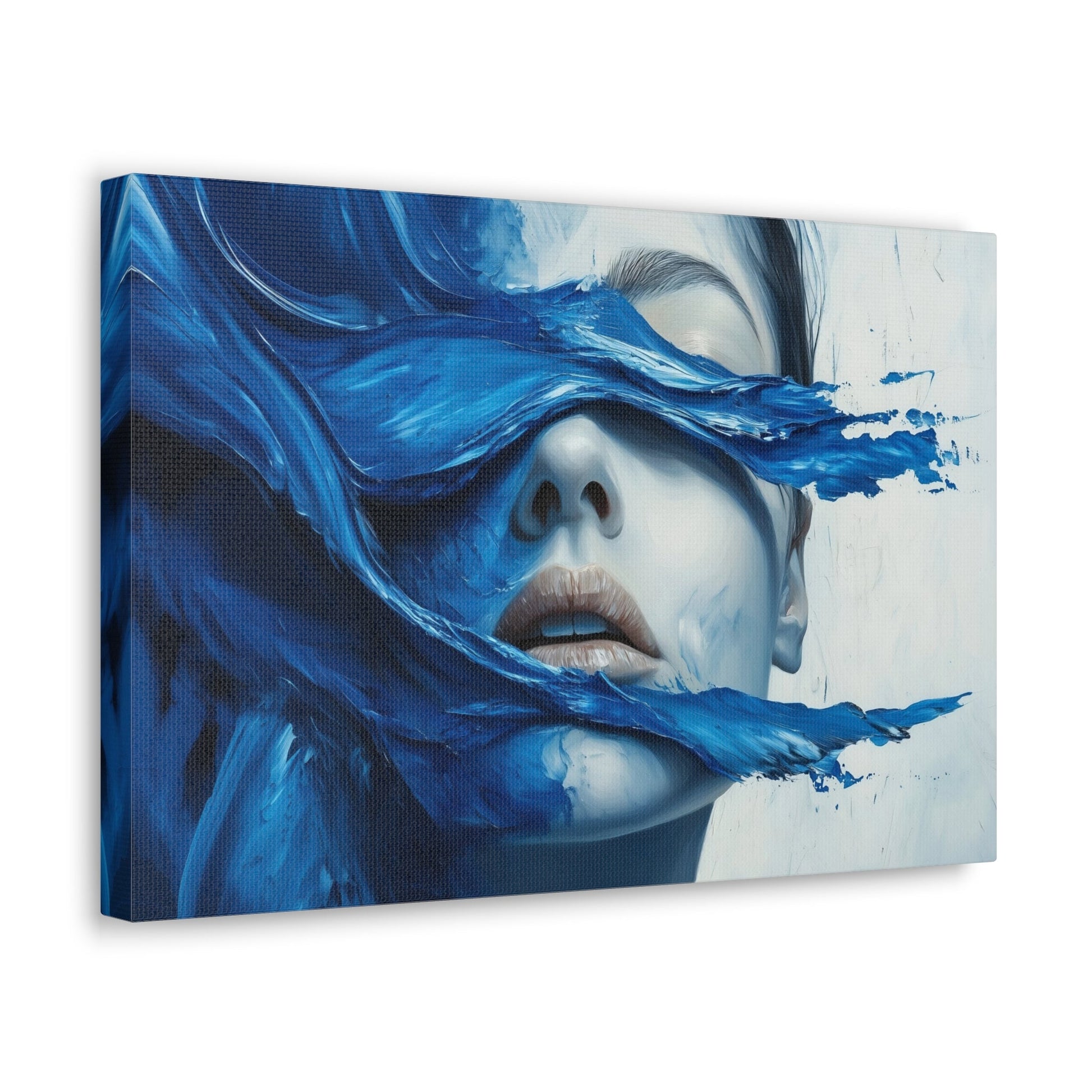 Horizontal-oriented wall art "Tides of the Mind" A surreal portrait of a woman's face partially obscured by flowing waves of cobalt blue paint. The image evokes a sense of introspection and calm, blending realistic features with abstract, fluid movement.