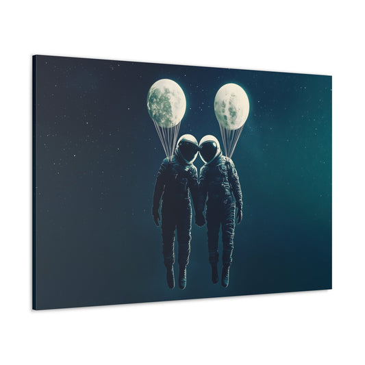 Horizontal-oriented wall art: "Galactic Romance V" depicts two astronauts floating in space, holding hands while tethered to glowing moons that resemble balloons. The soft glow of the moons contrasts with the dark, starry background, creating a whimsical and serene cosmic scene that symbolizes love and connection.