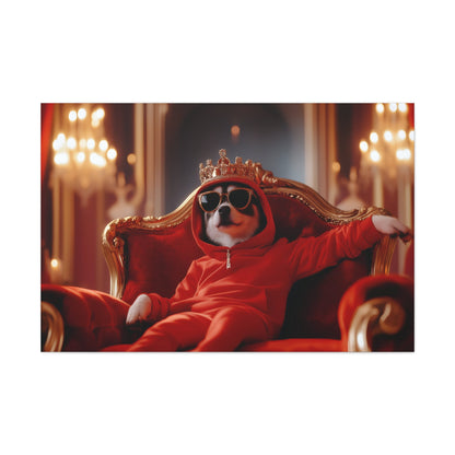 Horizontal-oriented wall art: "Crowned Companion III" A stylish dog lounges on a golden throne, wearing a crown, sunglasses, and a red hoodie in a luxurious royal setting. This playful artwork combines elegance and humor, portraying the pet as a modern ruler with personality.