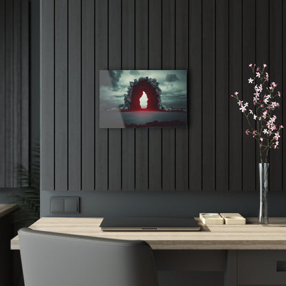 Horizontal-oriented wall art: "Portal of Possibilities" A glowing red portal framed by jagged stone stands in a barren landscape under a moody, overcast sky. The surreal scene evokes mystery and possibility, as if the gateway leads to another dimension.