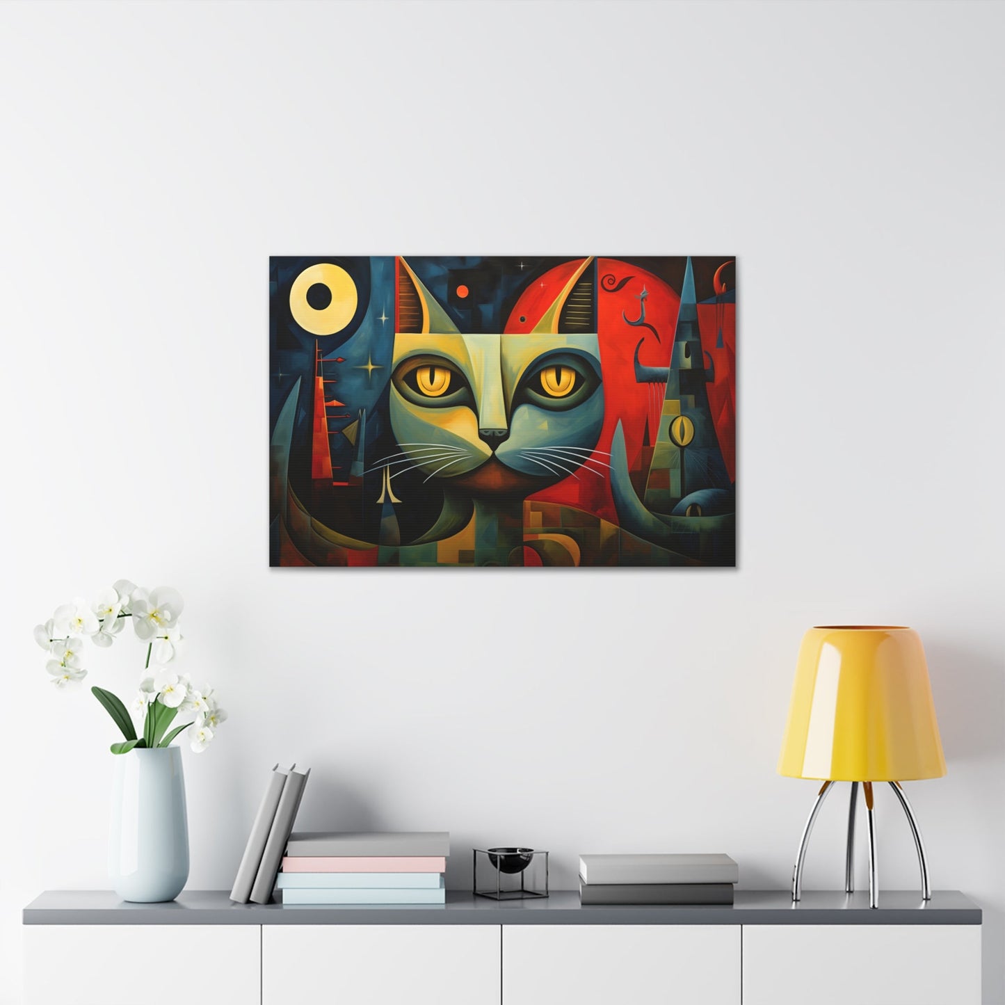 Horizontal-oriented wall art: A Cubist-inspired cat stares directly at the viewer, its eyes glowing with intensity against a backdrop of geometric shapes in deep blues, reds, and yellows. The abstract and surreal composition captures the feline's enigmatic nature, blending elements of modern art movements to create a vivid, otherworldly scene.