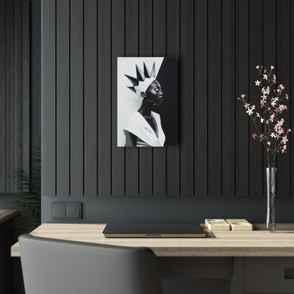 Vertical-oriented wall art: "Majestic Symmetry II" A striking portrait of a modern Black queen with a sharp geometric crown, set against a bold monochromatic background. The artwork highlights her regal elegance and symmetry, blending contemporary design with timeless sophistication.