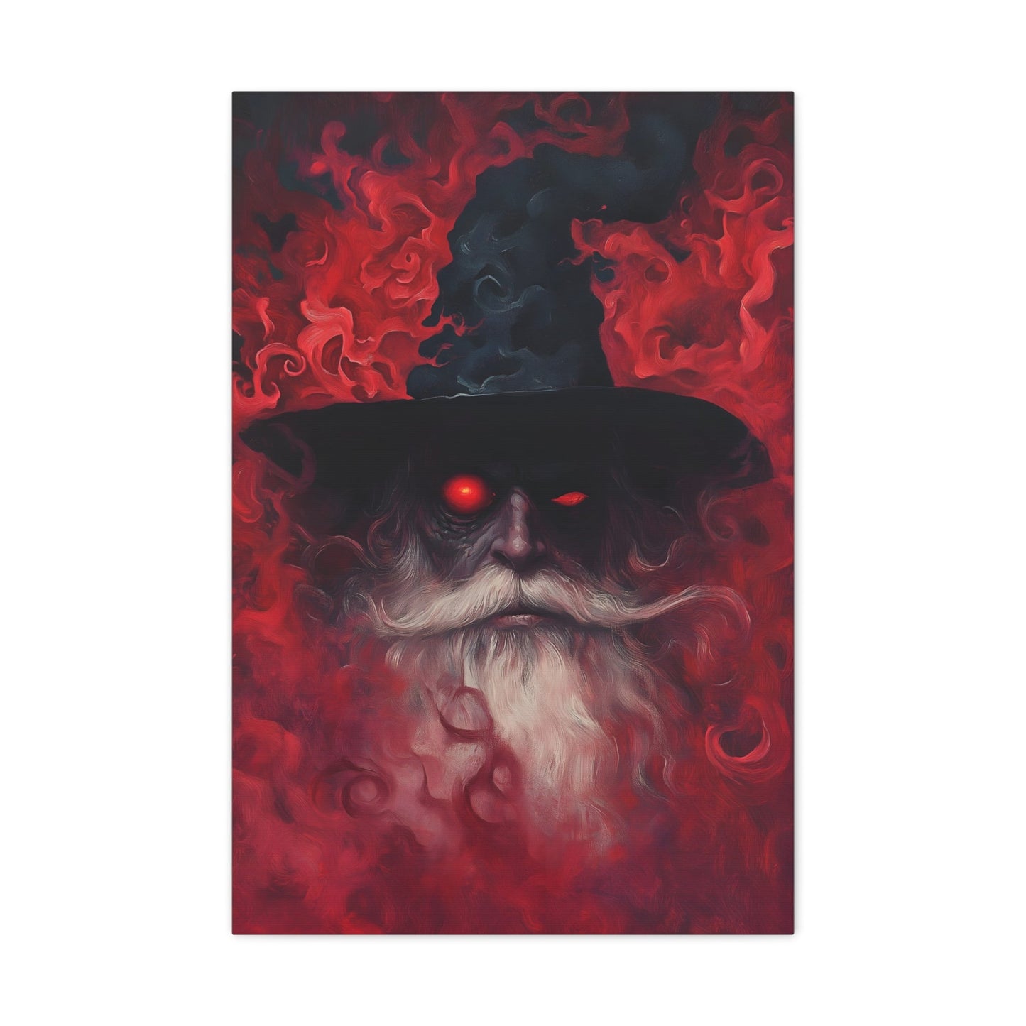 Vertical-oriented wall art: "The Wizard's Veil II" A mysterious wizard with glowing red eyes emerges from a swirling, crimson mist, his expression intense and otherworldly. The deep reds and intricate textures create an aura of magic and dark fantasy, drawing viewers into his enchanted realm.