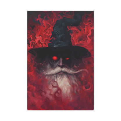 Vertical-oriented wall art: "The Wizard's Veil II" A mysterious wizard with glowing red eyes emerges from a swirling, crimson mist, his expression intense and otherworldly. The deep reds and intricate textures create an aura of magic and dark fantasy, drawing viewers into his enchanted realm.