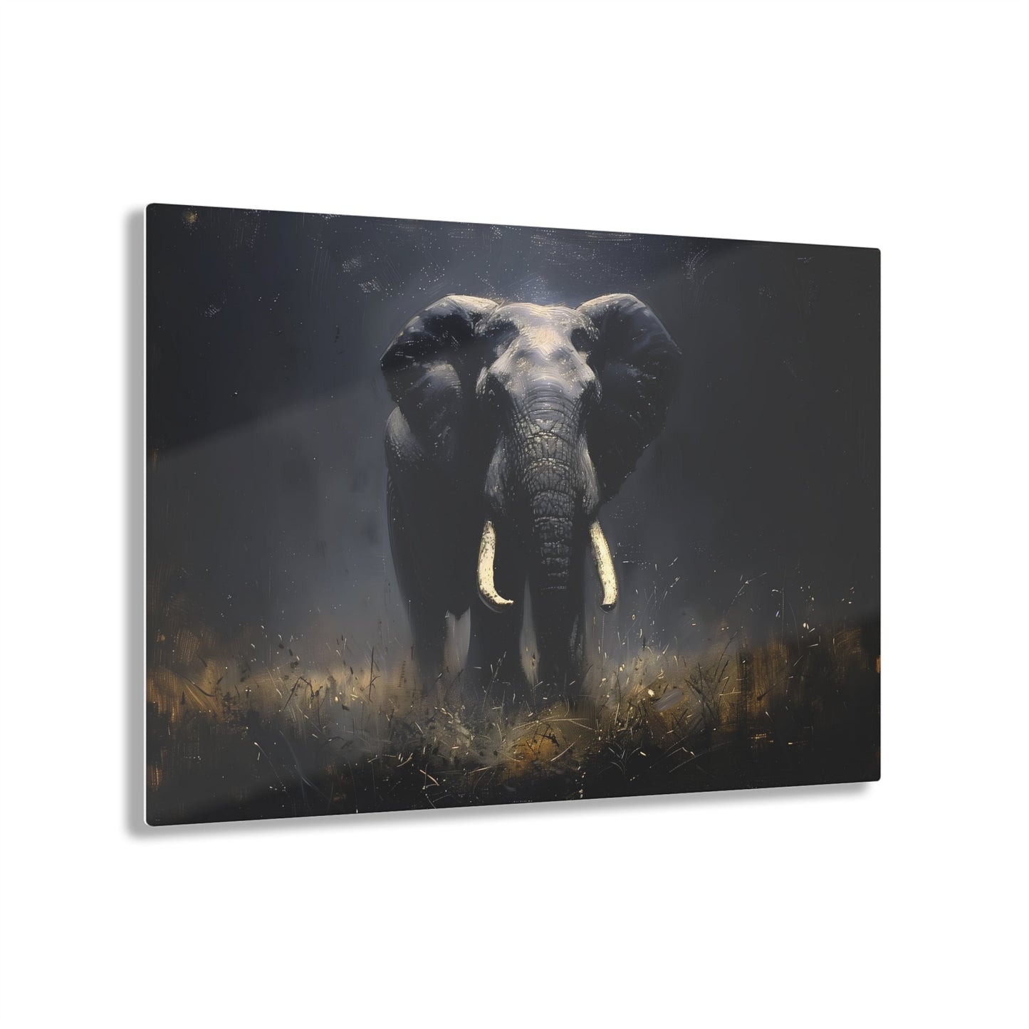 Horizontal-oriented wall art: Elephant's Shadow from the Darklight Bestiary collection depicts a majestic elephant inspired by Chiaroscuro painting technique. The interplay of light and shadow highlights the elephant's powerful form, creating a dramatic and captivating visual experience.