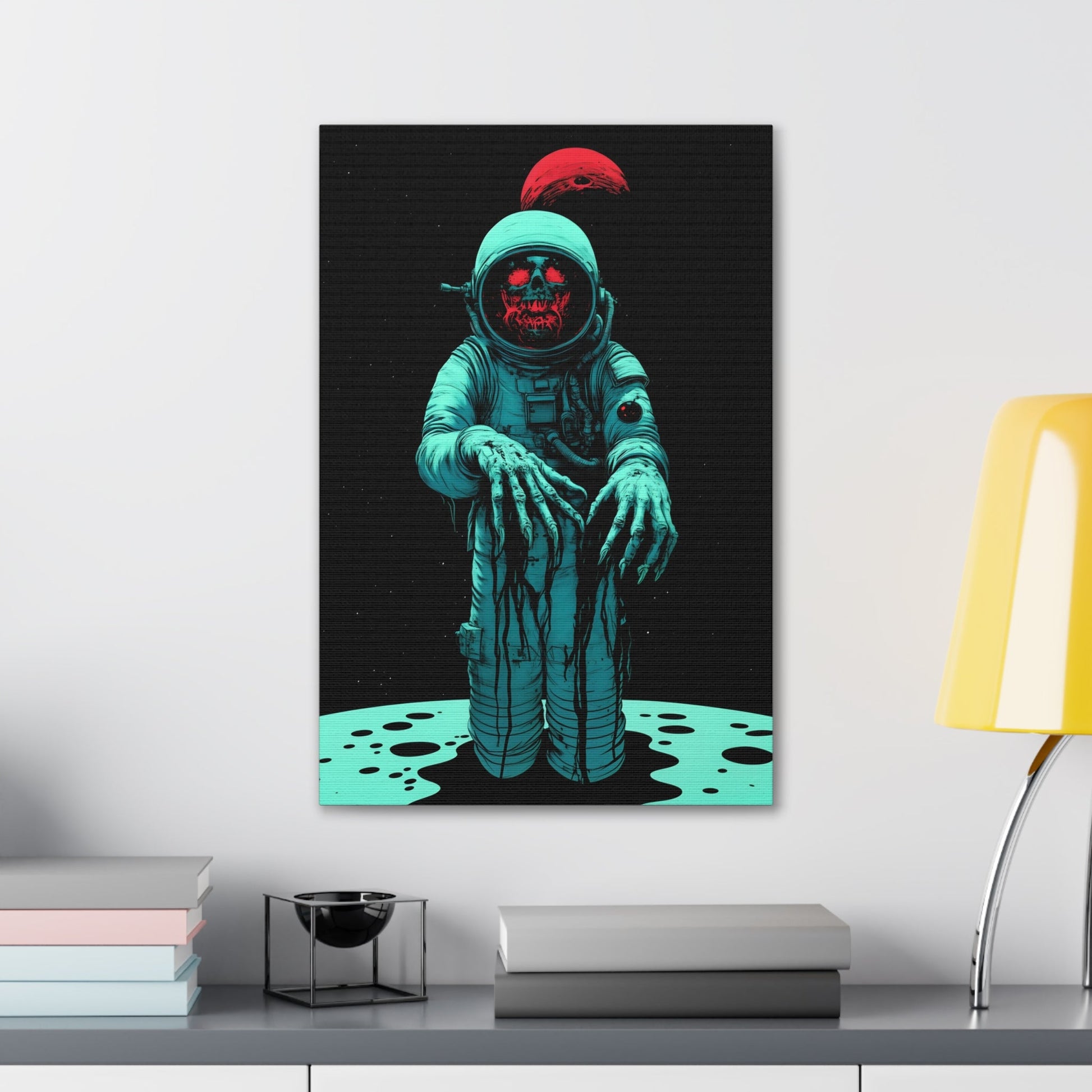 Vertical-oriented wall art: "Cosmic Remains IV" A decayed astronaut, with grotesque hands reaching forward, stands against a dark space background, illuminated by eerie teal and red tones. The haunting figure evokes a sense of cosmic horror and isolation, creating a striking contrast between the decaying form and the endless void.