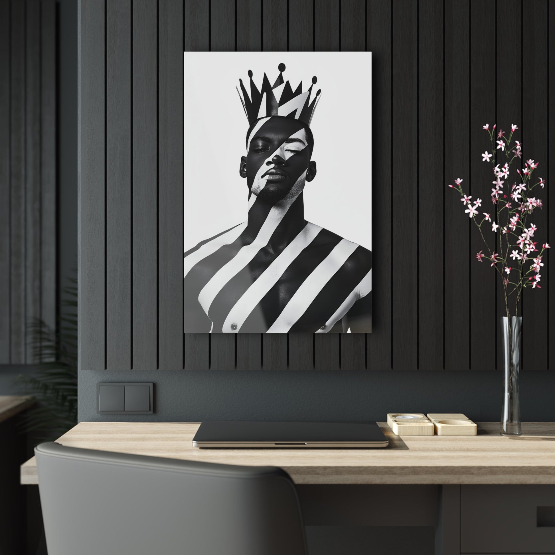 Vertical-oriented wall art: "Crown of Dignity II" A regal portrait of a man wearing a bold, geometric crown, with black and white stripes painted across his face and body. The minimalist composition emphasizes strength, elegance, and cultural pride in a modern, abstract style.