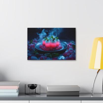 Horizontal-oriented wall art: "Xeno Cuisine." A glowing arrangement of alien meat and bioluminescent vegetables sits on an obsidian plate, surrounded by vapor and crystalline accents. The vibrant pink and cool blue tones contrast against the dark background, creating an otherworldly and surreal atmosphere.