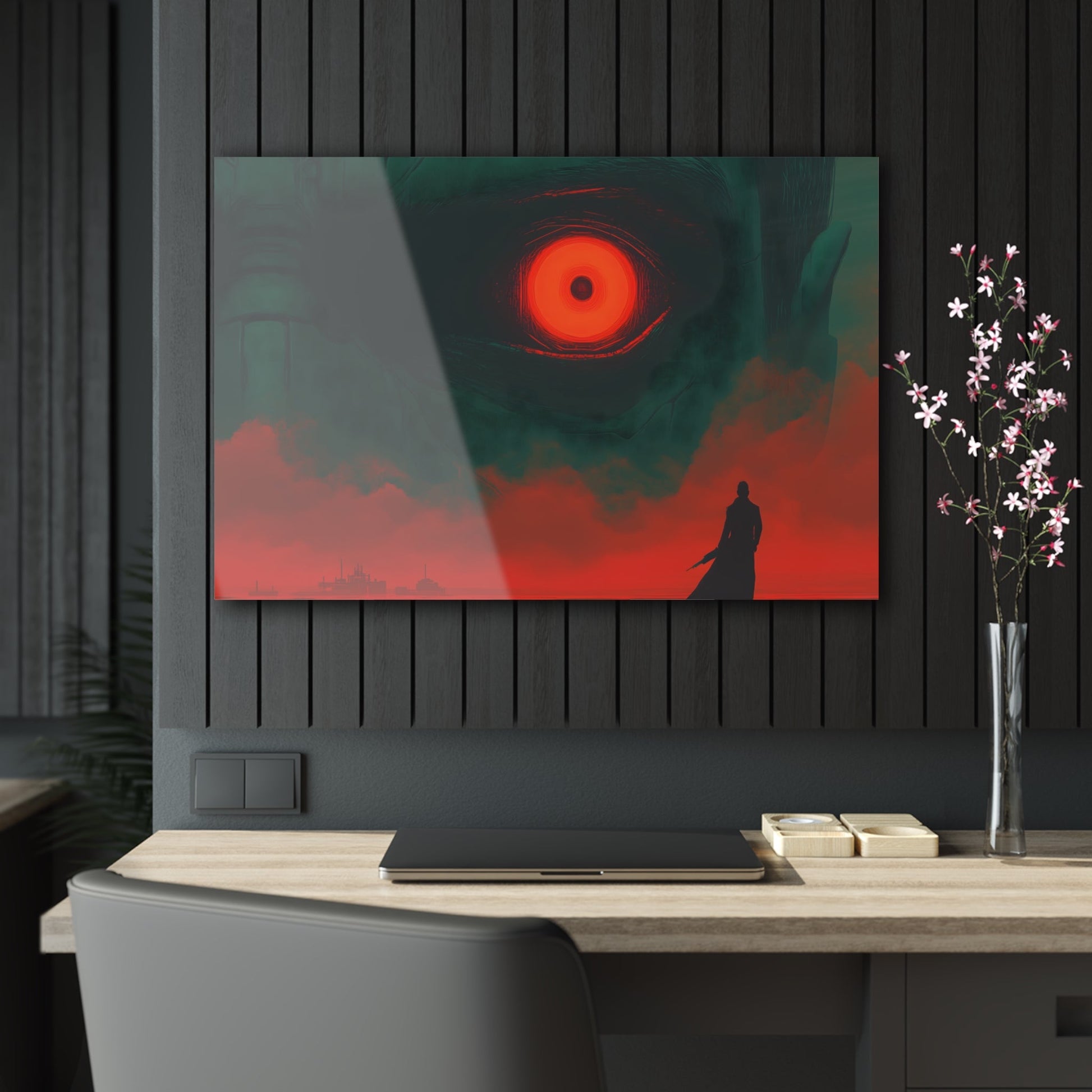 Horizontal-Oriented wall art: A lone hero stands before a massive, glowing red eye that dominates the dark, ominous landscape, symbolizing the looming threat of the final boss. The intense contrast of deep greens and fiery reds heightens the tension, capturing the moment before an epic battle.