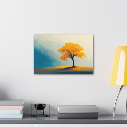 Horizontal-oriented wall art: Artwork titled Autumn’s Glow from the Ethereal Horizons collection, featuring a vibrant golden tree standing alone in a serene, misty landscape. The composition combines warm amber tones with soft teal hues, evoking tranquility and the timeless beauty of autumn.