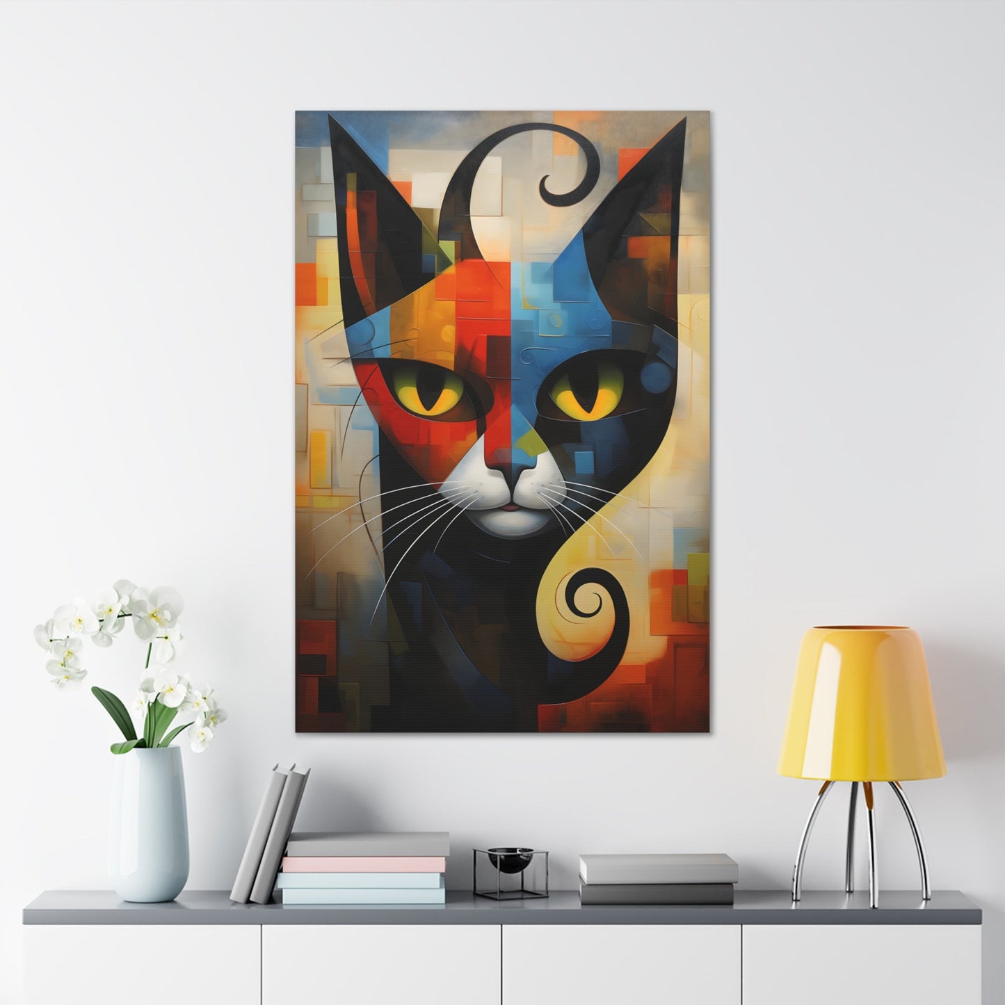 Vertical-oriented wall art: A vibrant cubist-style portrait of a cat, featuring a geometric composition with bold shapes and colors. The cat's eyes are bright yellow, set against a dynamic background of intersecting blocks in shades of red, blue, orange, and yellow.