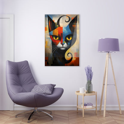 Vertical-oriented wall art: A vibrant cubist-style portrait of a cat, featuring a geometric composition with bold shapes and colors. The cat's eyes are bright yellow, set against a dynamic background of intersecting blocks in shades of red, blue, orange, and yellow.