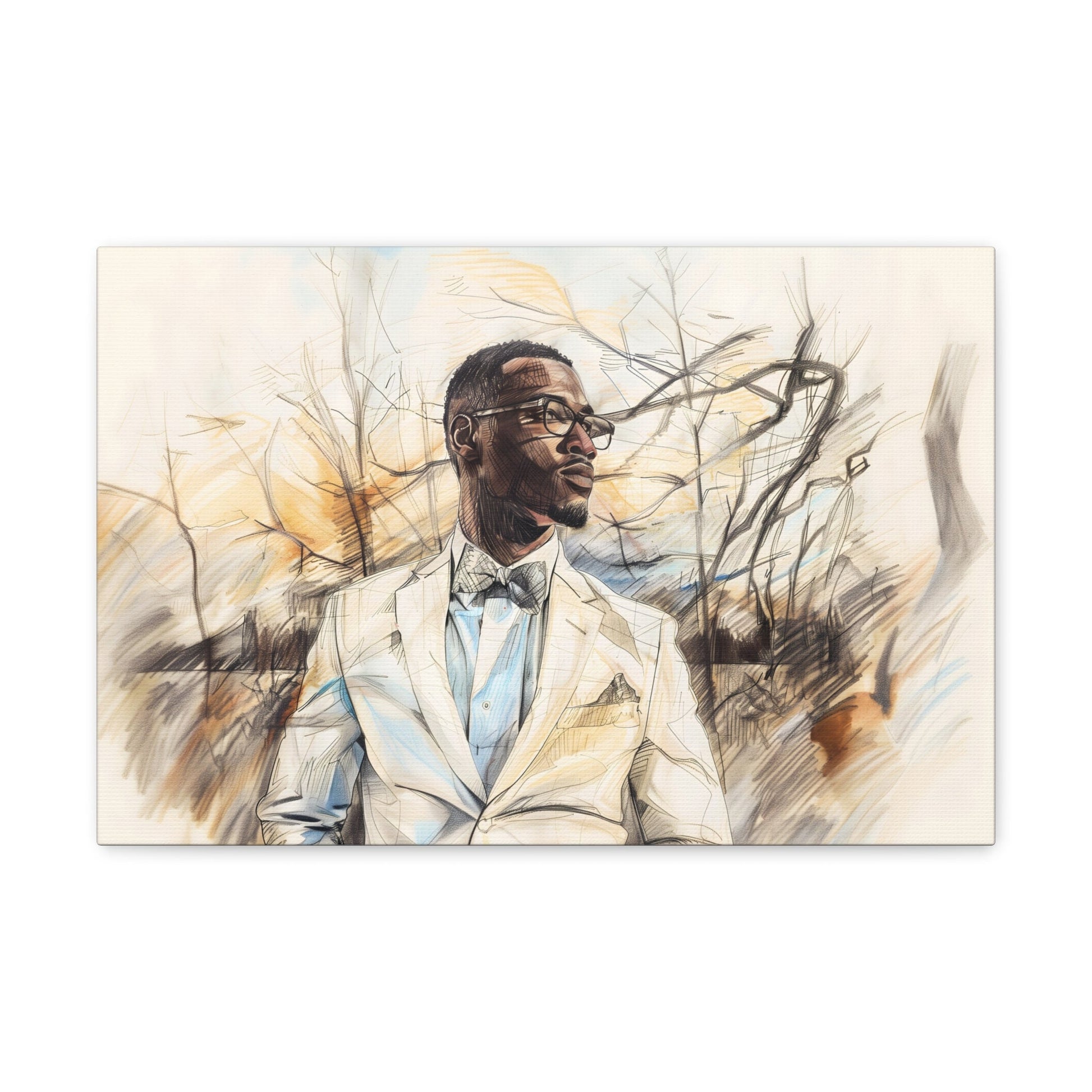 Horizontal-oriented artwork: Digital artwork depicting a stylish man wearing glasses and a white suit against a backdrop of trees.