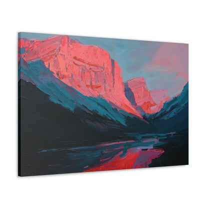 Horizontal-oriented wall art: "Timeless Peaks" Landscape artwork titled Timeless Peaks from the Bold Horizons collection, featuring vibrant crimson and pink mountains reflected in a tranquil lake. The piece highlights bold brushstrokes and a dynamic interplay of warm and cool colors, evoking majesty and serenity.