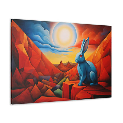 Horizontal-oriented wall art: "Vortic Hare III" features a vibrant blue rabbit sitting calmly on angular red rocks in a surreal, geometric landscape with a glowing sun in the background. The bold contrast of vivid blue, red, and orange tones evokes a dynamic fusion of Vorticism, Cubism, and Surrealism.