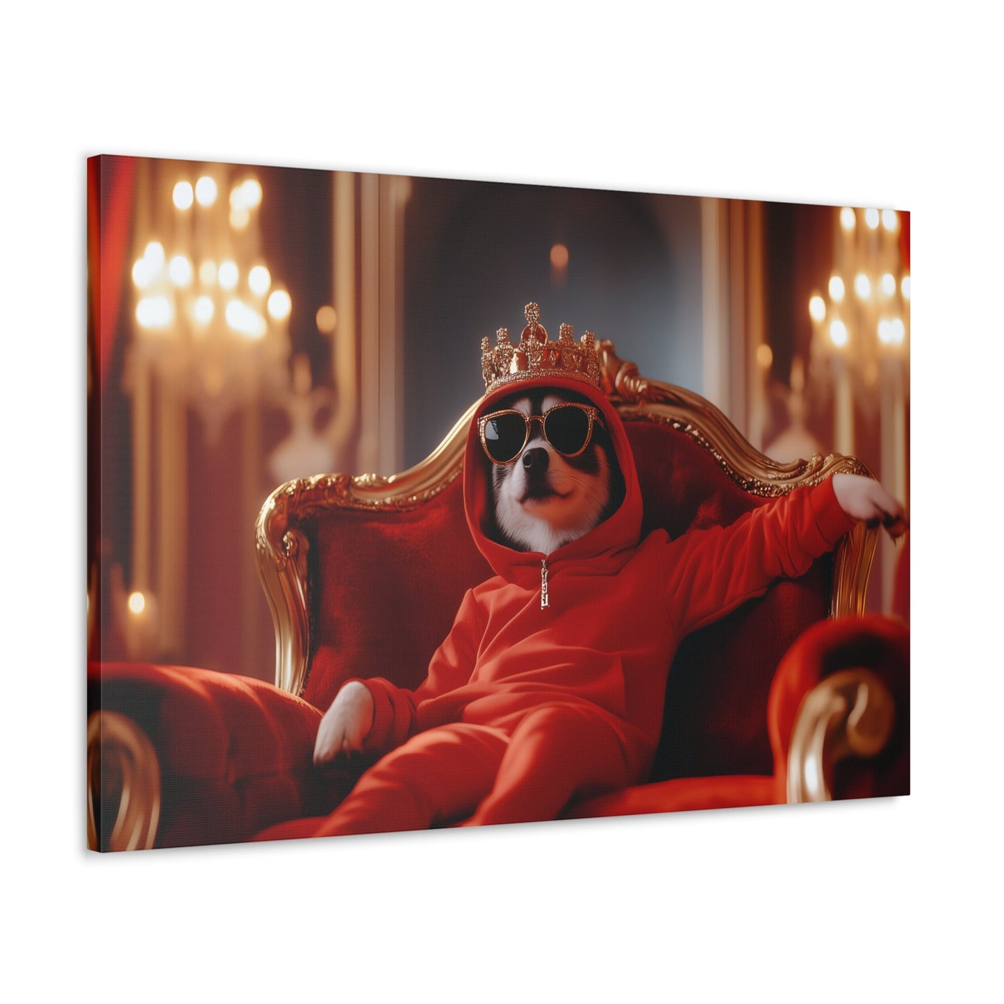 Horizontal-oriented wall art: "Crowned Companion III" A stylish dog lounges on a golden throne, wearing a crown, sunglasses, and a red hoodie in a luxurious royal setting. This playful artwork combines elegance and humor, portraying the pet as a modern ruler with personality.