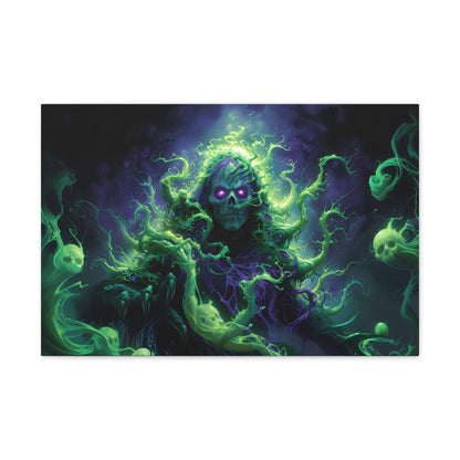 Horizontal-oriented artwork: An eerie illustration featuring a mystical lich with glowing eyes, surrounded by eldritch energies in shades of green and purple, against a dark, ominous background.