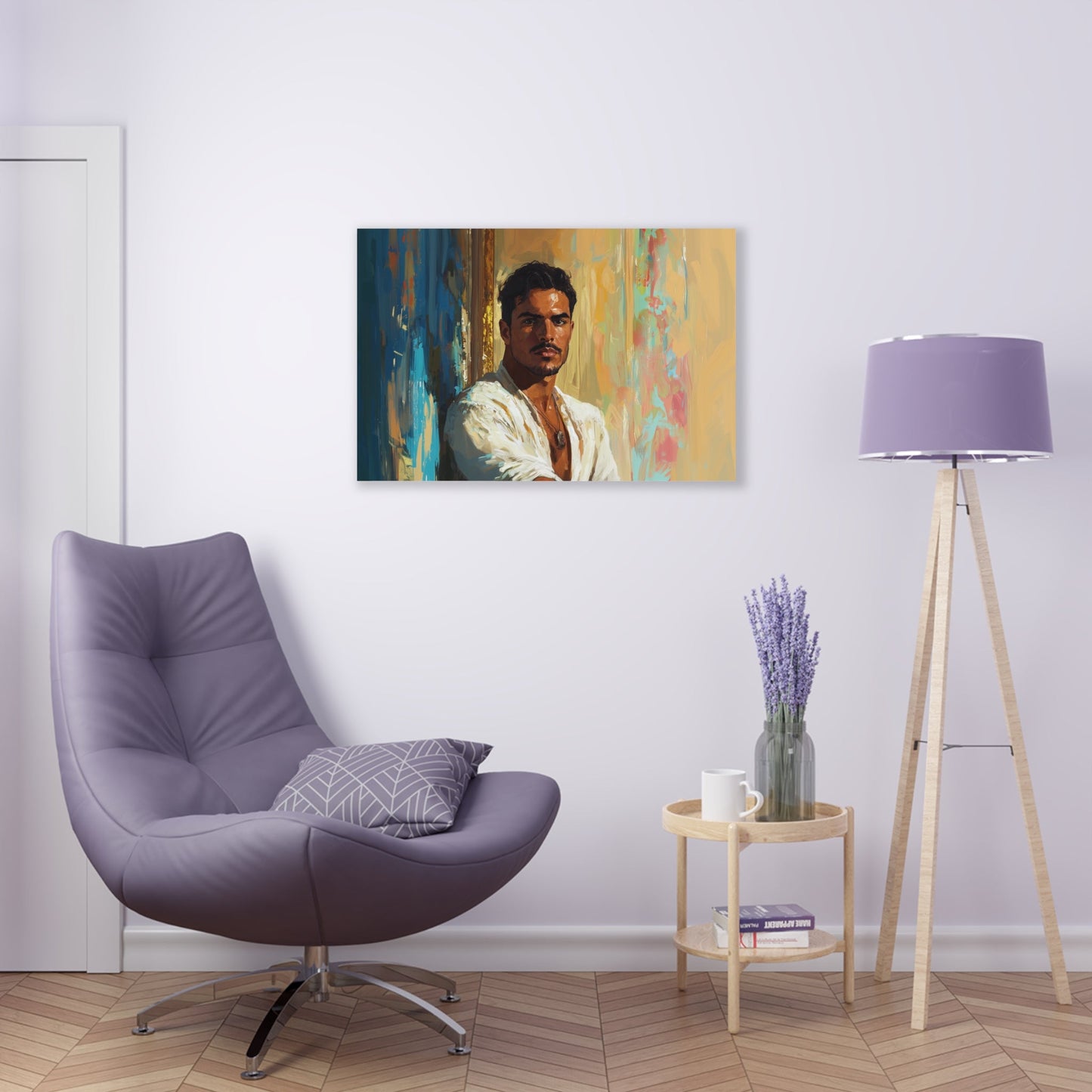 Horizontal-oriented wall art: "Stillness in Strength." A contemplative Latino man gazes forward with quiet confidence, surrounded by warm golden hues and cool blue accents. The oil painting style and radiant lighting create a refined and introspective composition.