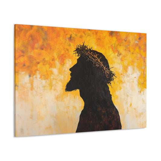 Horizontal-oriented wall art: "Crown of Faith" Silhouette of Jesus with a crown of thorns, set against a glowing golden background. The contrasting colors evoke a sense of solemnity and spiritual reflection, capturing a powerful moment of inner prayer.